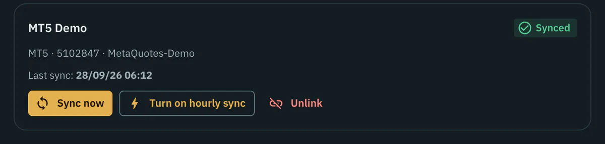 A linked MT5 Demo account: status Synced, the last sync time and the Sync now button